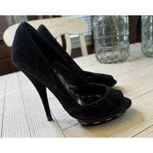 Blake Scott Suede‎ Black Peep Toe 5" Stiletto Heel Shoes Contrast Stitch Glam 7